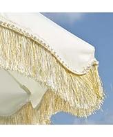 LAGarden 6 Ft Fringe Patio Umbrella with Tassel Jazz Age Wood UPF50+ for Outdoor, Beige with gold tassel,Model: JZ6-01