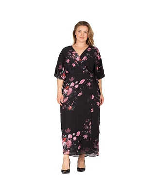 Standards & Practices Plus V-Neck Print Kimono Wrap Maxi Dress