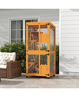 PawHut Large Cat House for 1-3 Cats on Wheels Wooden Catio Enclosure Orange