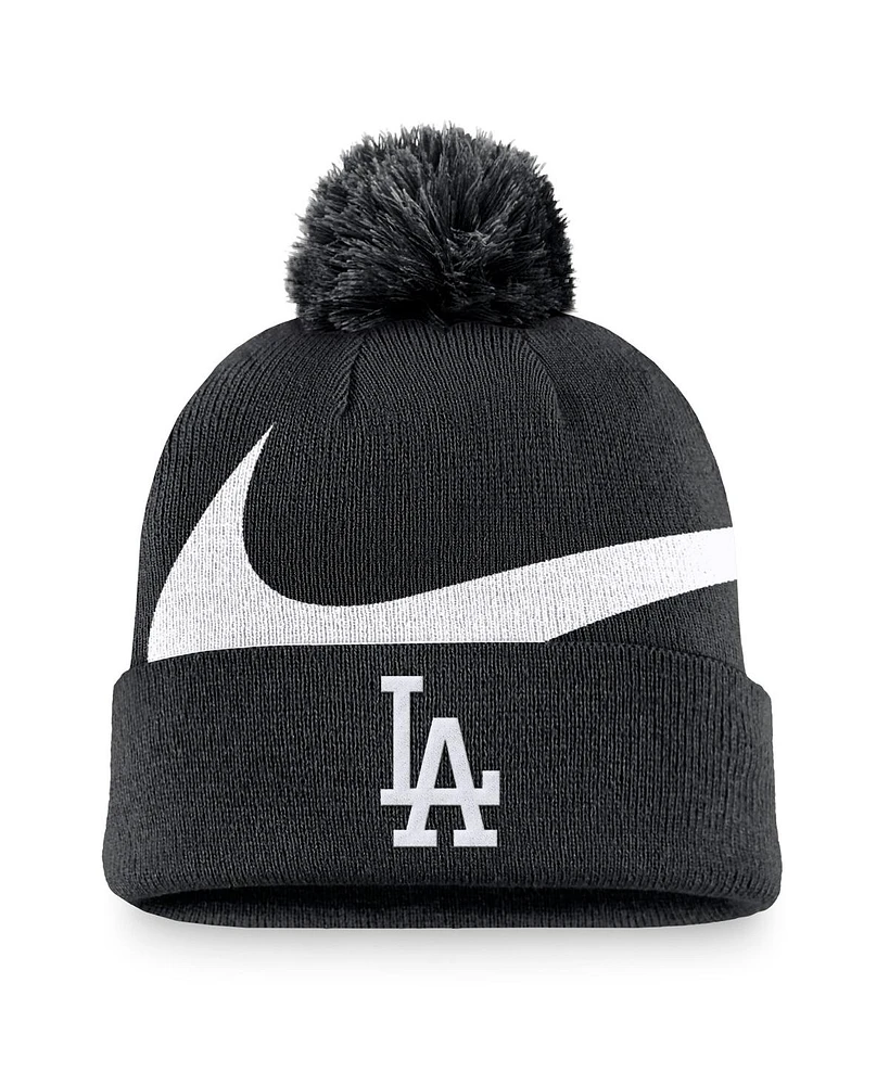 Nike Men's Black Los Angeles Dodgers Swoosh Peak Cuffed Knit Hat with Pom