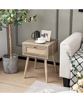 Sugift Modern Rattan Nightstand with Drawer and Solid Wood Legs for Bedroom and Living Room