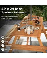 Vebreda 6 Person Picnic Table Set Patio Rectangle with 2 Built-in Benches and Umbrella Hole