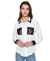 Karl Lagerfeld Paris Women's Faux-Leather-Trim Button-Front Top