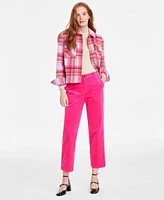 On 34th Womens Plaid Jacket Ribbed Mock Neck Long Sleeve Top High Rise Jeans Created For Macys