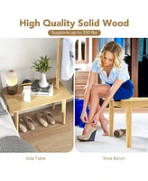 Sugift End Table with Coat Rack Solid Wood Coat Tree with 2-in-1 Side Table