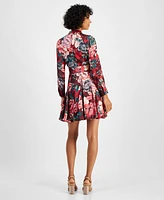 Tahari Petite Floral Button-Trim Belted Long-Sleeve Dress