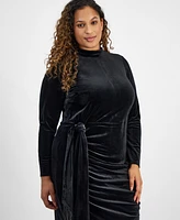 Tahari Plus Mock-Neck Velvet Draped Bodycon Dress