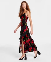 Bcx Tiered Ruffles Rose Print Velvet Burnout Maxi Dress