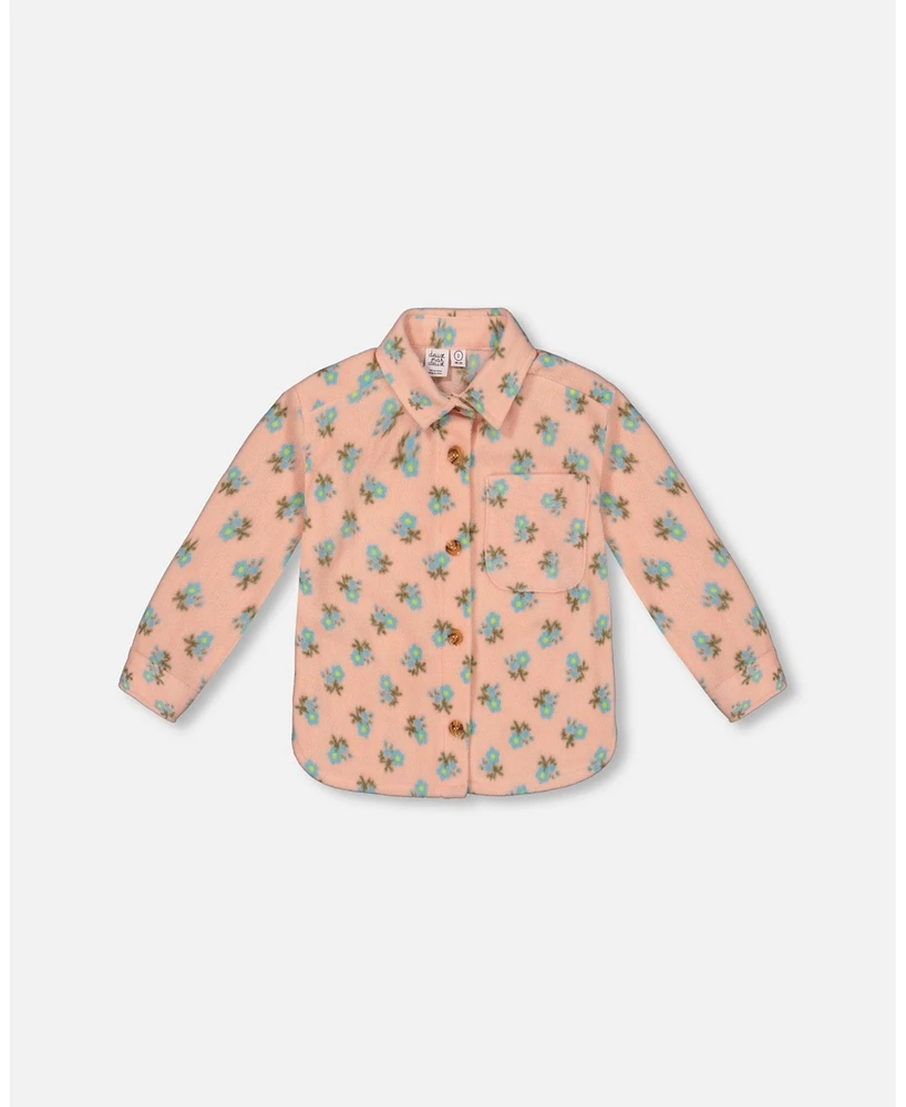 Deux par Baby Girls Printed Polar Fleece Shirt Peach With Blue Flowers