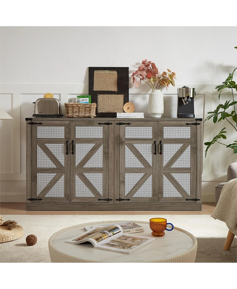 Simplie Fun 65" Slate Gray Faux Rattan Sideboard with Barn Doors