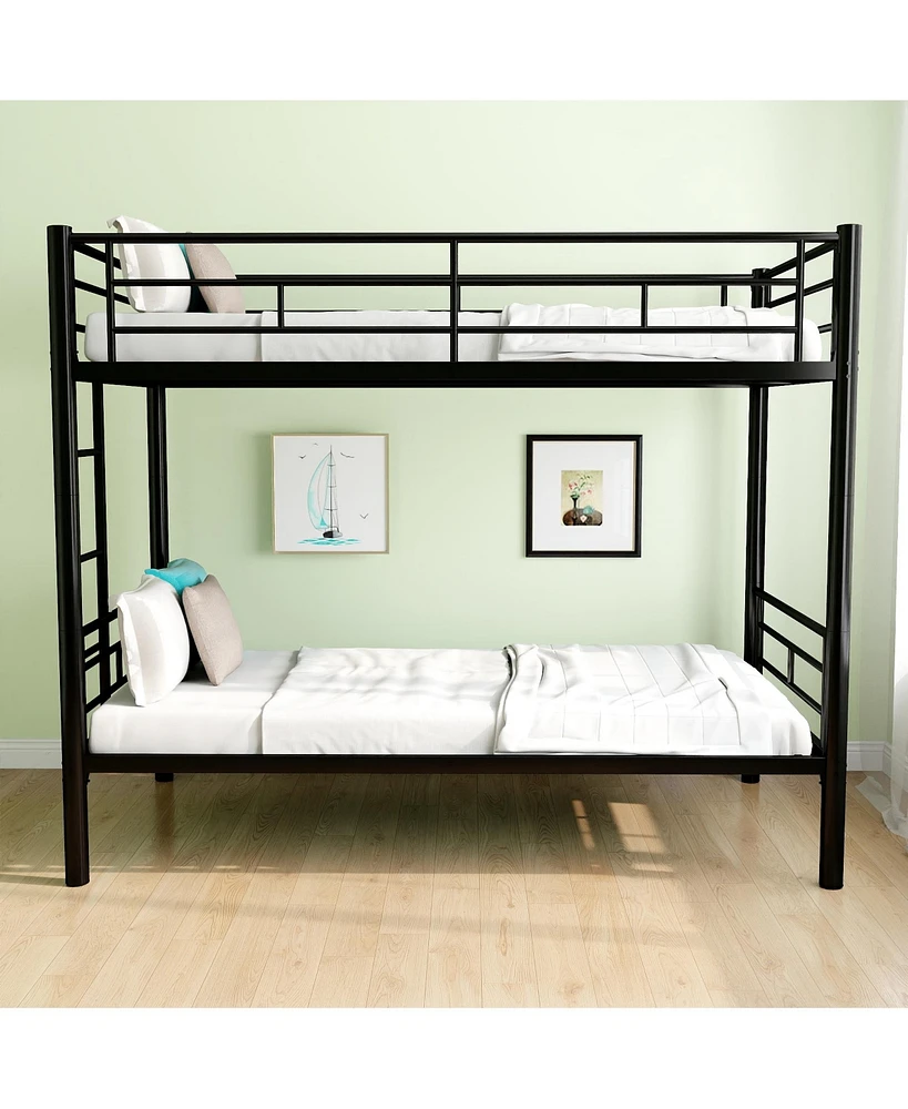 Simplie Fun Twin Over Twin Bunk Bed with Ladder, Guardrail, Storage Space, Black