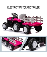 Streamdale Furniture Pink 12V Kids' Electric Tractor with Trailer, Remote Control, Dual Motor, Led Lights