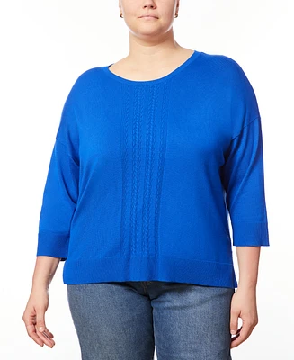 Melissa Paige Plus Cable-Knit Dropped-Shoulder 3/4-Sleeve Sweater