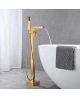 Streamdale Furniture Bathroom Freestanding Waterfall Tub Filler Brushed Gold Floor Mount Faucet With Hand Shower