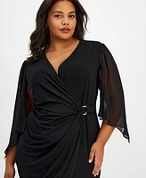 Connected Plus Surplice-Neck Sheer-Sleeve Sheath Dress