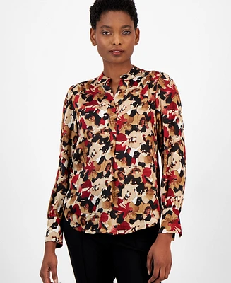 Anne Klein Women's Printed V-Neck Long-Sleeve Top