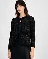 Anne Klein Women's Open-Front Patch-Pocket Sequin Cardigan