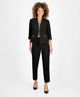 Kasper Petite Stretch-Crepe Zipper-Pocket Open-Front Cuffed Blazer