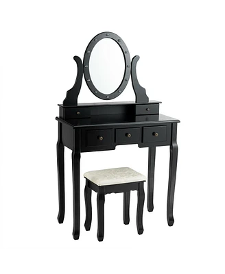 Sugift 5 Drawers Vanity Table Stool Set with 12-led Bulbs