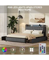 Streamdale Furniture Queen Bed Frame with Led Headboard, Upholstered Bed with 4 Storage Drawers and Usb Ports, Dark Grey