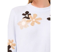CeCe Women's Flower Patterned Knit Crewneck Sweater