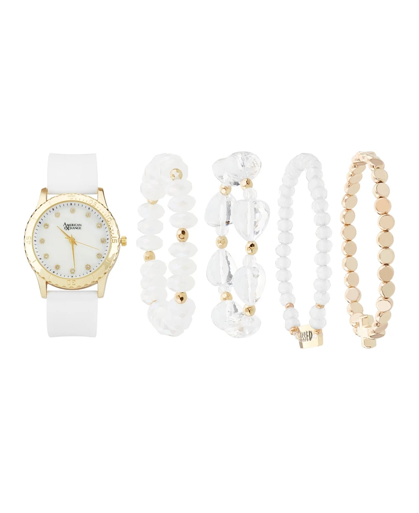 American Exchange Women's Matte White Silicone Strap Analog Watch 38mm with Stackable Bracelets Gift Set