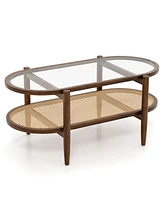 Costway 2-Tier Coffee Table Tempered Glass Top with Pe Rattan Shelf & Acacia Wood Frame