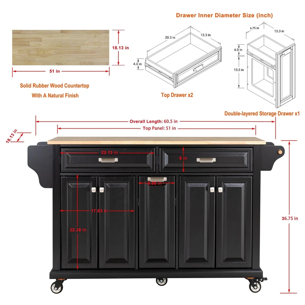 Streamdale Furniture Cambridge Natural Wood Top Kitchen Island with Storage