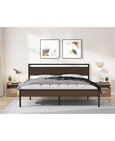 Simplie Fun Ceres Metal Bed, Black with Walnut wood Headboard&Footboard, King