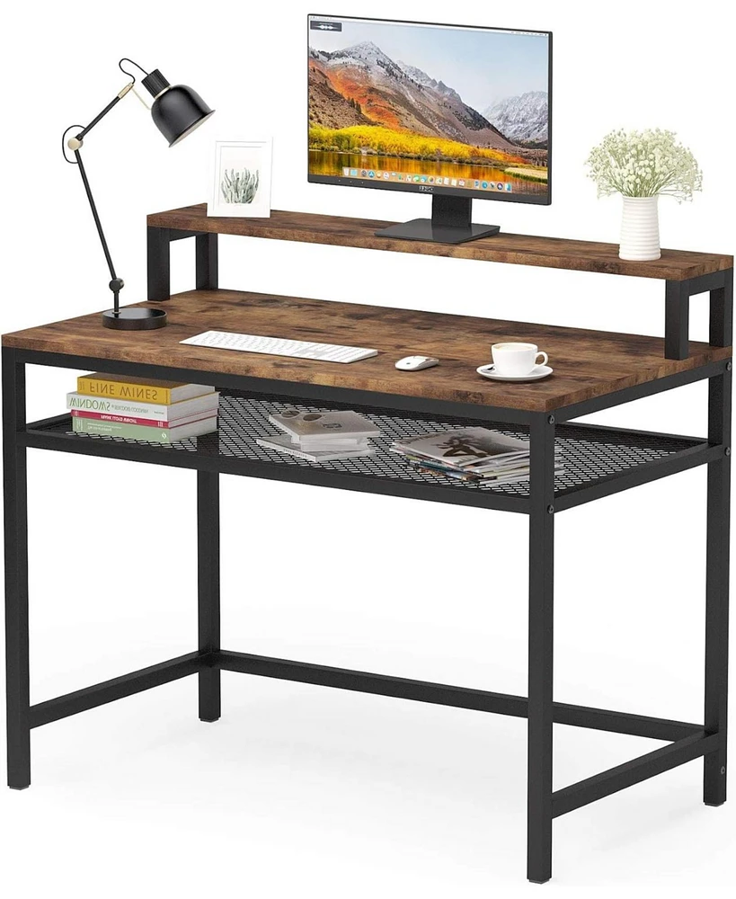 Tribesigns Computer Desk with Monitor Stand, Industrial Simple Study Writing Desk with Mesh Storage Shelf for Home Office, Wood and Metal