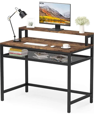 Tribesigns Computer Desk with Monitor Stand, Industrial Simple Study Writing Desk with Mesh Storage Shelf for Home Office, Wood and Metal