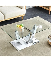 Simplie Fun Minimalist Glass Coffee Table with Marble Legs