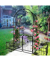 Streamdale Furniture Metal Garden Arch With Gate 79.5" Wide X 86.6" High Climbing Plants Support Rose Arch Outdoor Black