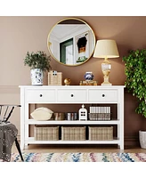 Retro Design Console Table With Two Open Shelves, Pine Solid Wood Frame And Legs