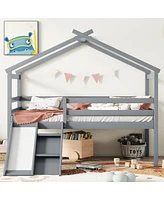 Streamdale Furniture Twin Low Loft House Bed With Slide, Ladder, Safety Guardrails, House Roof Frame, Grey