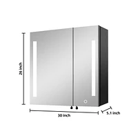 30x26" Black Led Medicine Cabinet with Storage, Defogger, Dimmable Lights