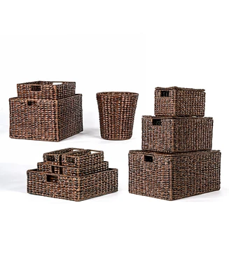 Jonathan Y Traditional Assorted Hand-Woven Hyacinth/Iron Baskets, Dark Brown Wash (Set of 10)