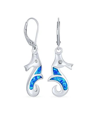 Bling Jewelry Sea Animal Nautical Beach Vacation Inlay Enamel Created Blue Opal Seahorse Dangling Earrings For Women Teens .925 Sterling Silver Leverb