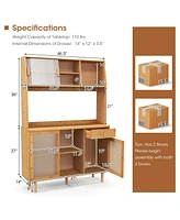 Givimo 69 Inch Wine Bar Kitchen Cabinet with Sliding Tempered Glass and Rattan Door