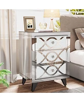 Tribesigns Mirrored Nightstand with 3 Drawers, Silver Bed Side Table for Bedroom, Large Modern Night Stand with Storage Drawers, Wooden Side End Table