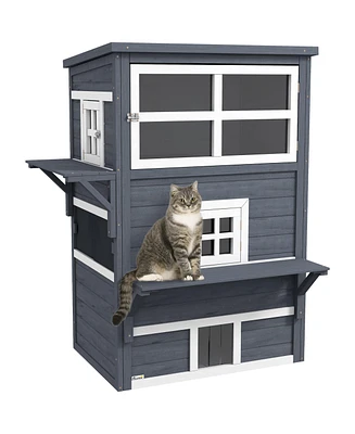 PawHut 3-Story Cat House with Raised Floor, Escape Doors, Dark Gray