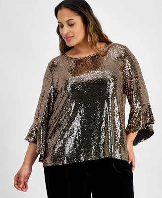 Kasper Plus Size Mirror-Dot Metallic Bell-Sleeve Top