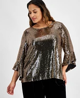 Kasper Plus Size Mirror-Dot Metallic Bell-Sleeve Top