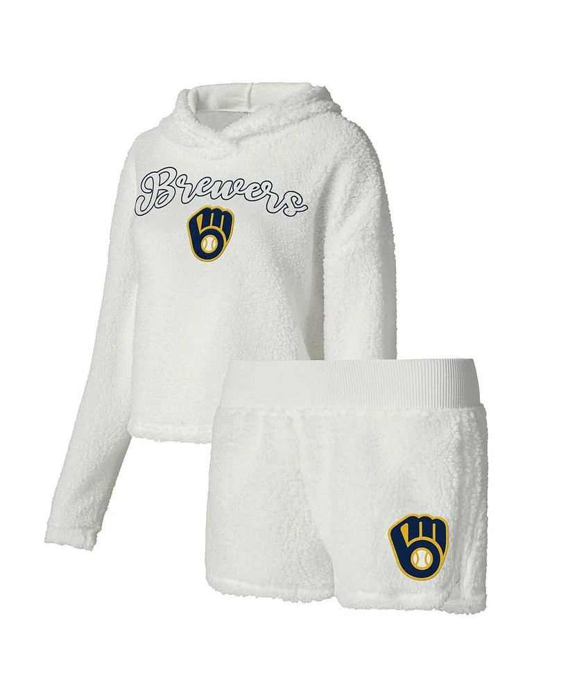 Concepts Sport Women's Cream Milwaukee Brewers Fluffy Hoodie Top Shorts Sleep Set