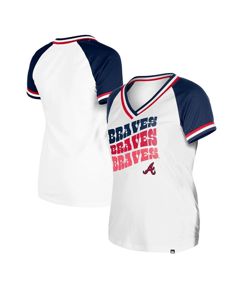 New Era Women's White Atlanta Braves Jersey Double Binding Raglan V-Neck T-Shirt