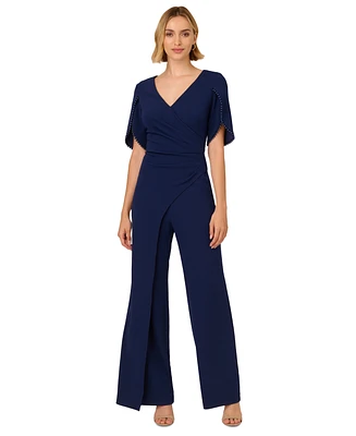 Adrianna Papell Women's Pearl Trim Tulip-Sleeve Draped Jumpsuit