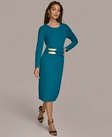 Donna Karan Women's Long Sleeve Embellished-Waist Midi Dress