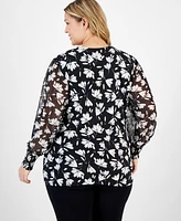 Anne Klein Plus Floral-Print Sheer-Sleeve Wrap Top