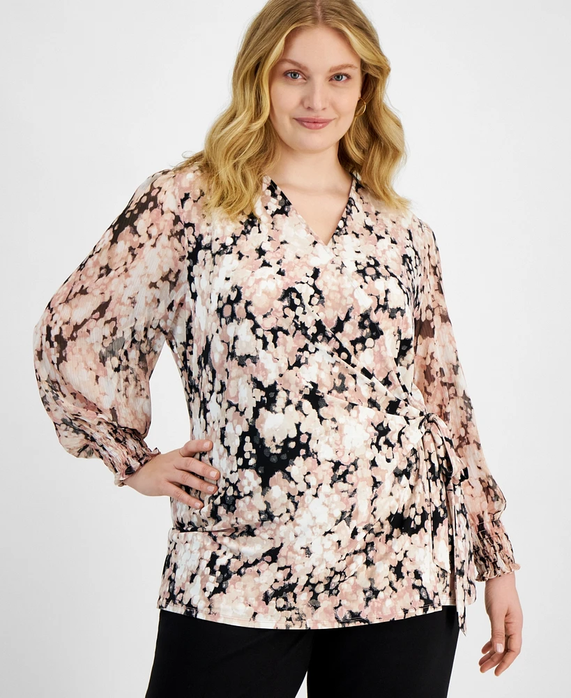 Anne Klein Plus Printed V-Neck Side-Tie Top