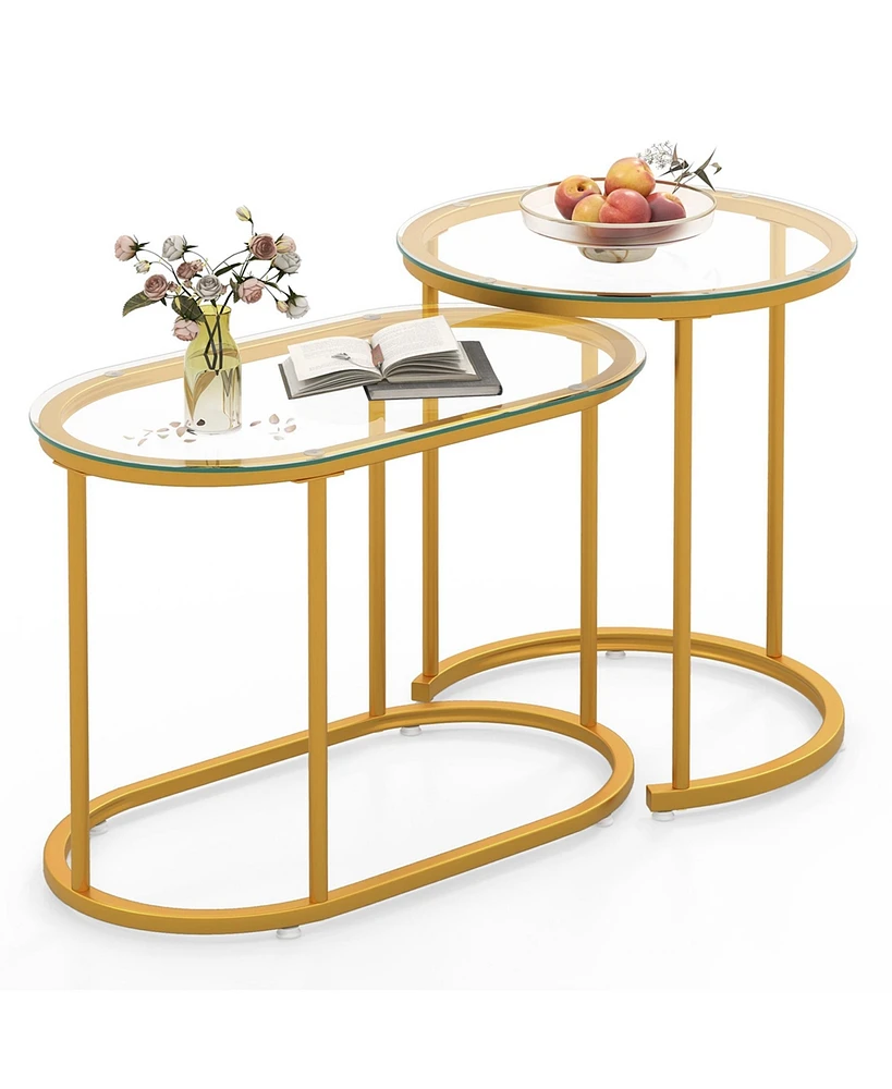 Costway Nesting Coffee Table Set of 2 with Tempered Glass Tabletop Heavy-duty Metal Frame